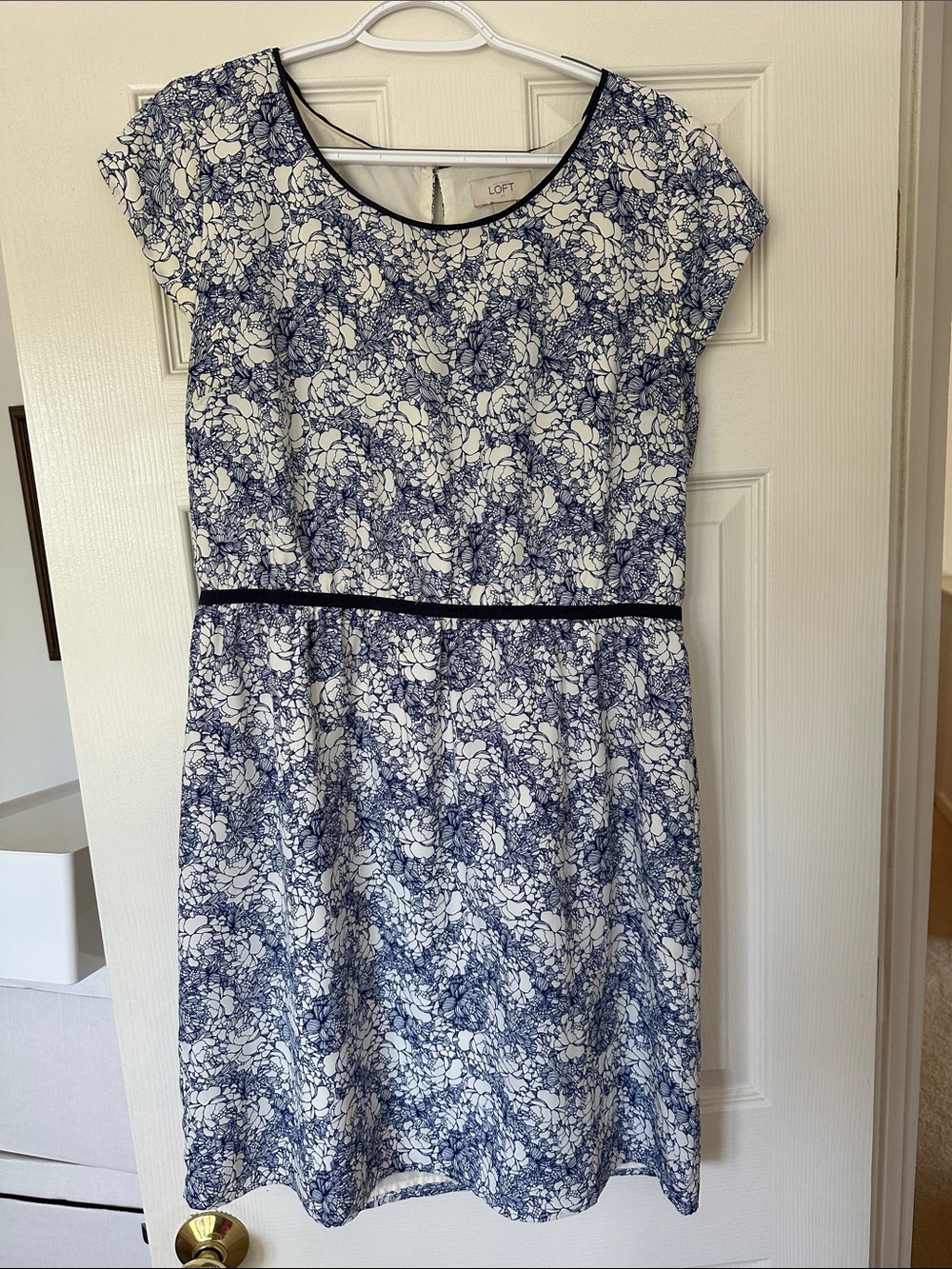 LOFT Navy and White Floral Cap-Sleeve Fit-and-Flare Dress